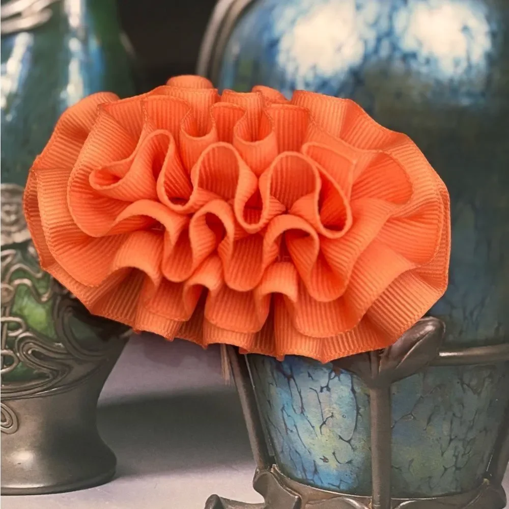 Vintage Hair Accessory Clip Barrette Orange Ruffle Ribbon 1980s 1990s